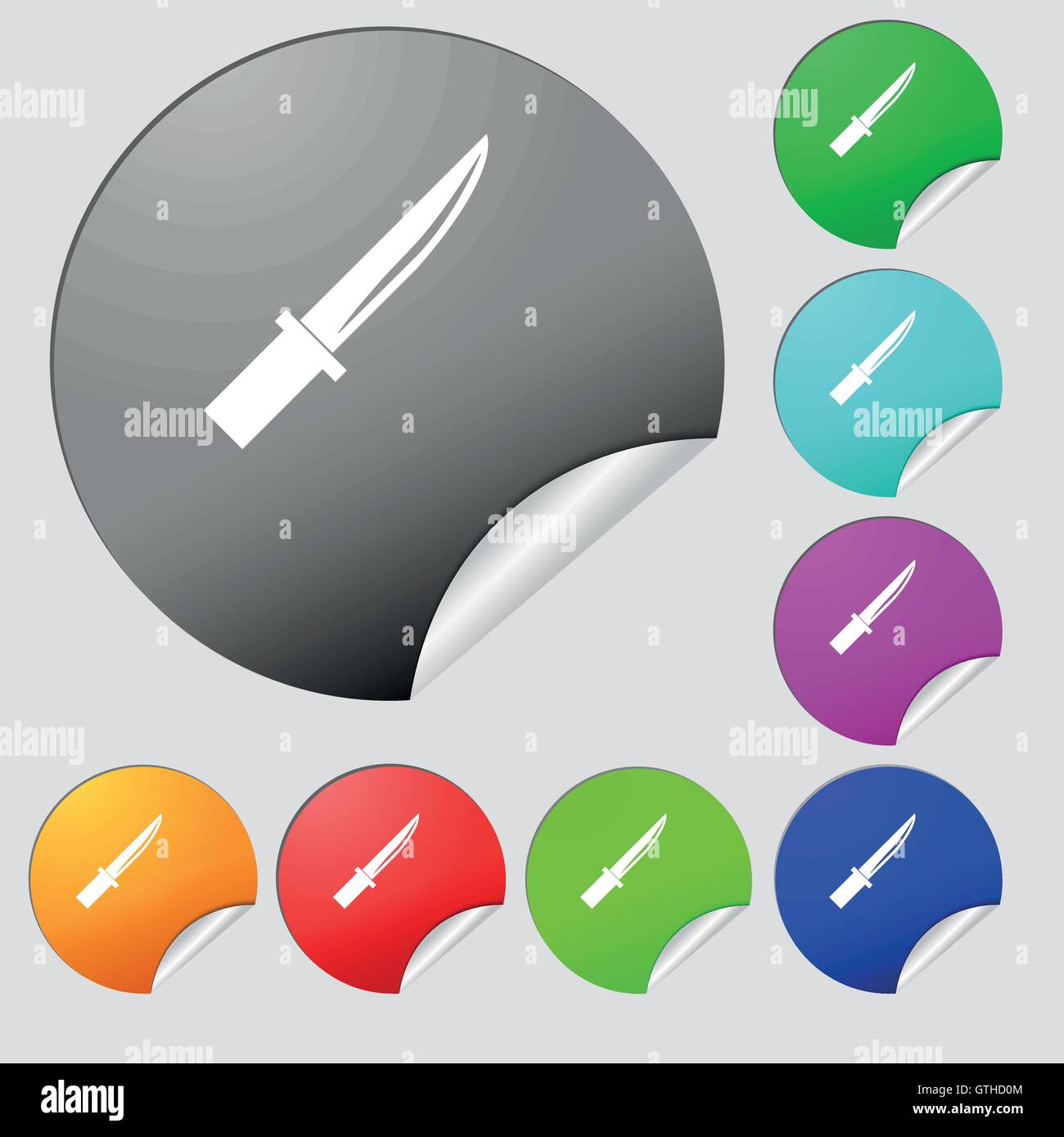 Icona di coltello segno. Set di otto multi colore pulsanti rotondi, adesivi. Vettore Illustrazione Vettoriale