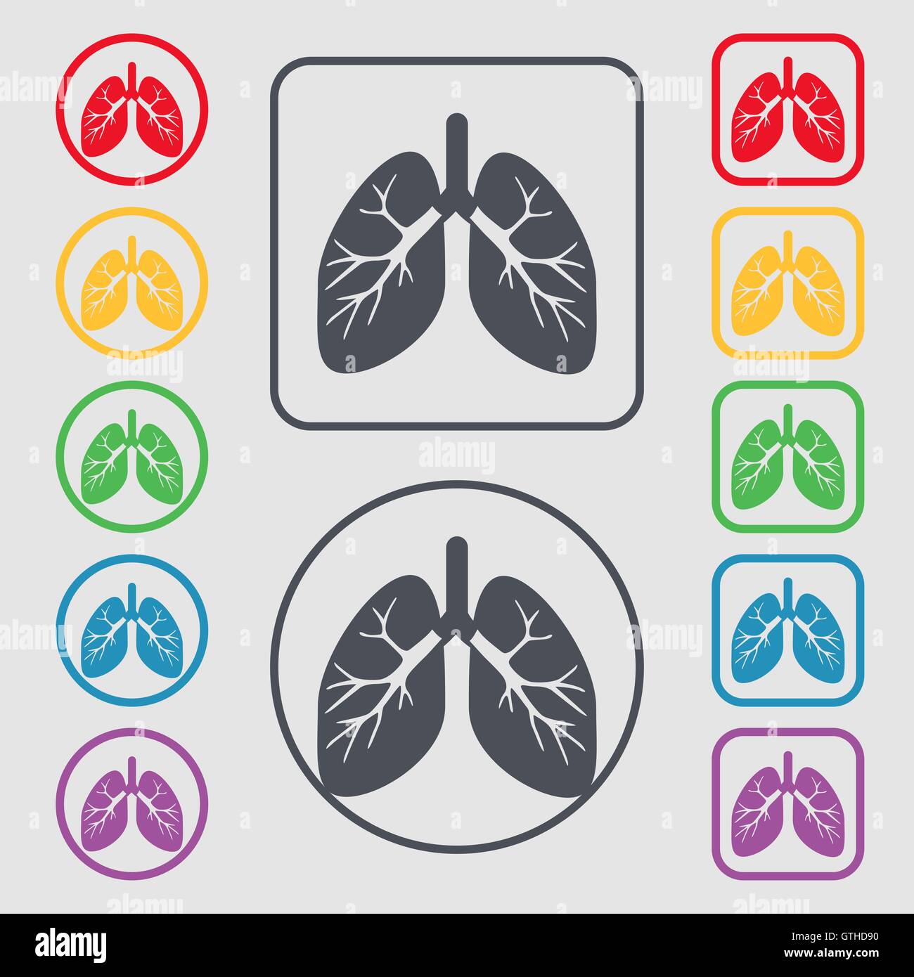 Icona dei polmoni segno. simbolo sul Round e i pulsanti quadrati con il telaio. Vettore Illustrazione Vettoriale