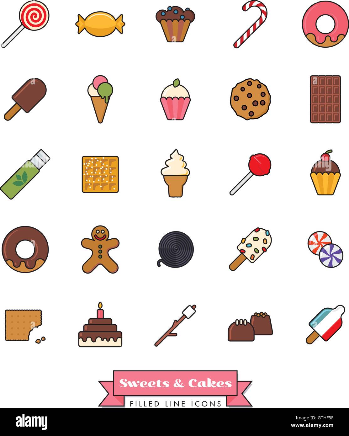 Raccolta di caramelle, dolci, biscotti e torte ripiene le icone della linea Illustrazione Vettoriale