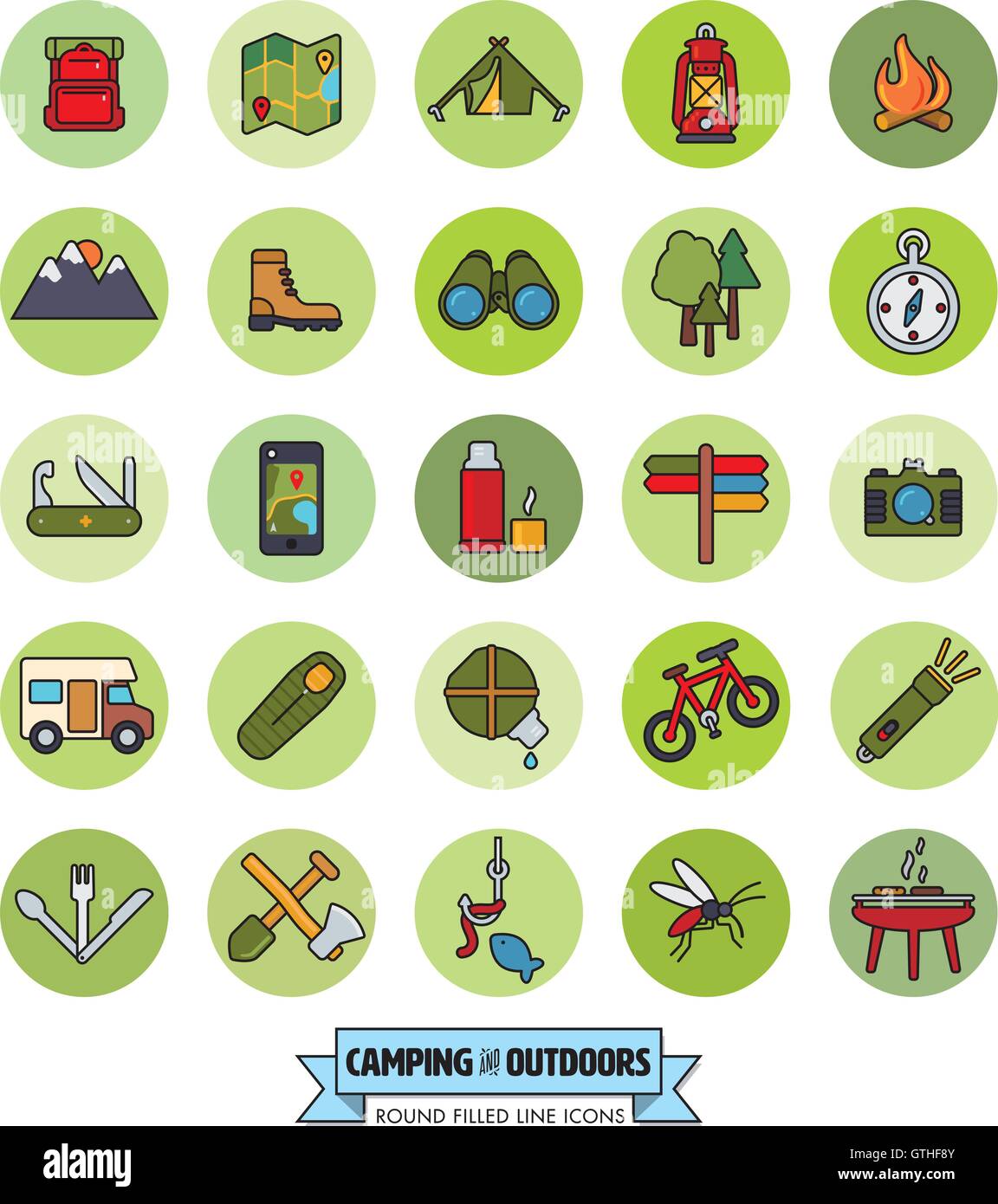 Campeggio, escursioni, trekking e outdoor pursuit riempito le icone della linea in cerchi verdi raccolta Illustrazione Vettoriale