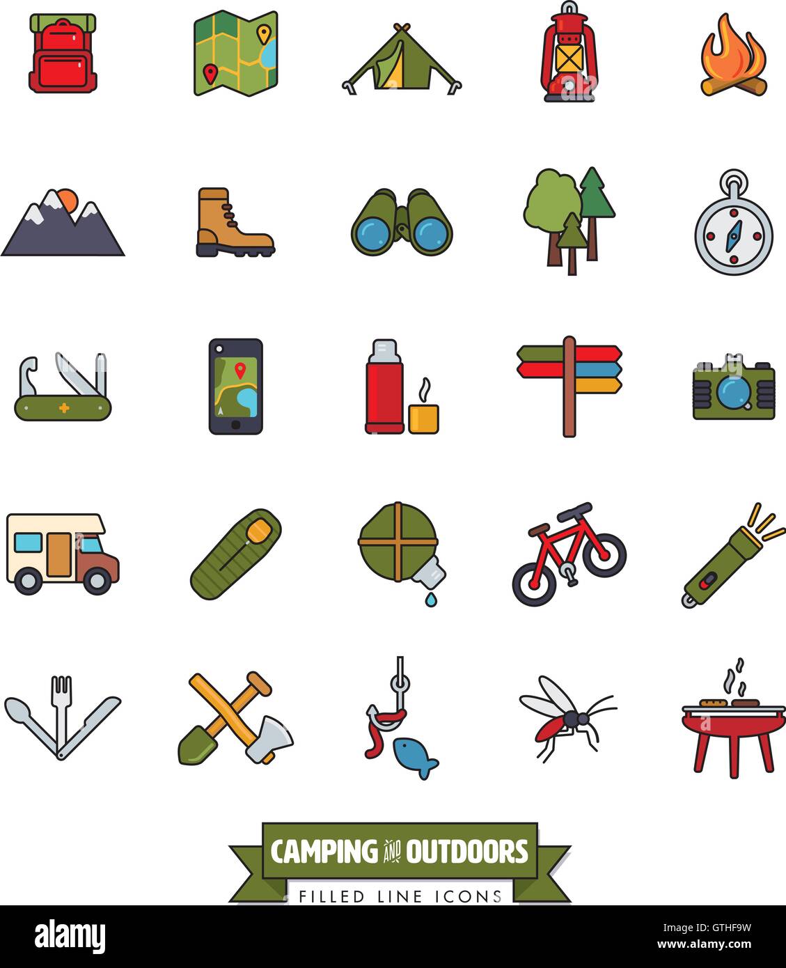 Campeggio, escursioni, trekking e outdoor pursuit riempito icona linea collection Illustrazione Vettoriale