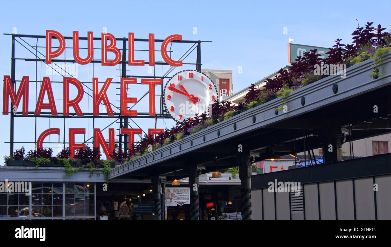 SEATTLE WASHINGTON USA - Ottobre 2014 - Public Market Center segno, Pike Place Foto Stock