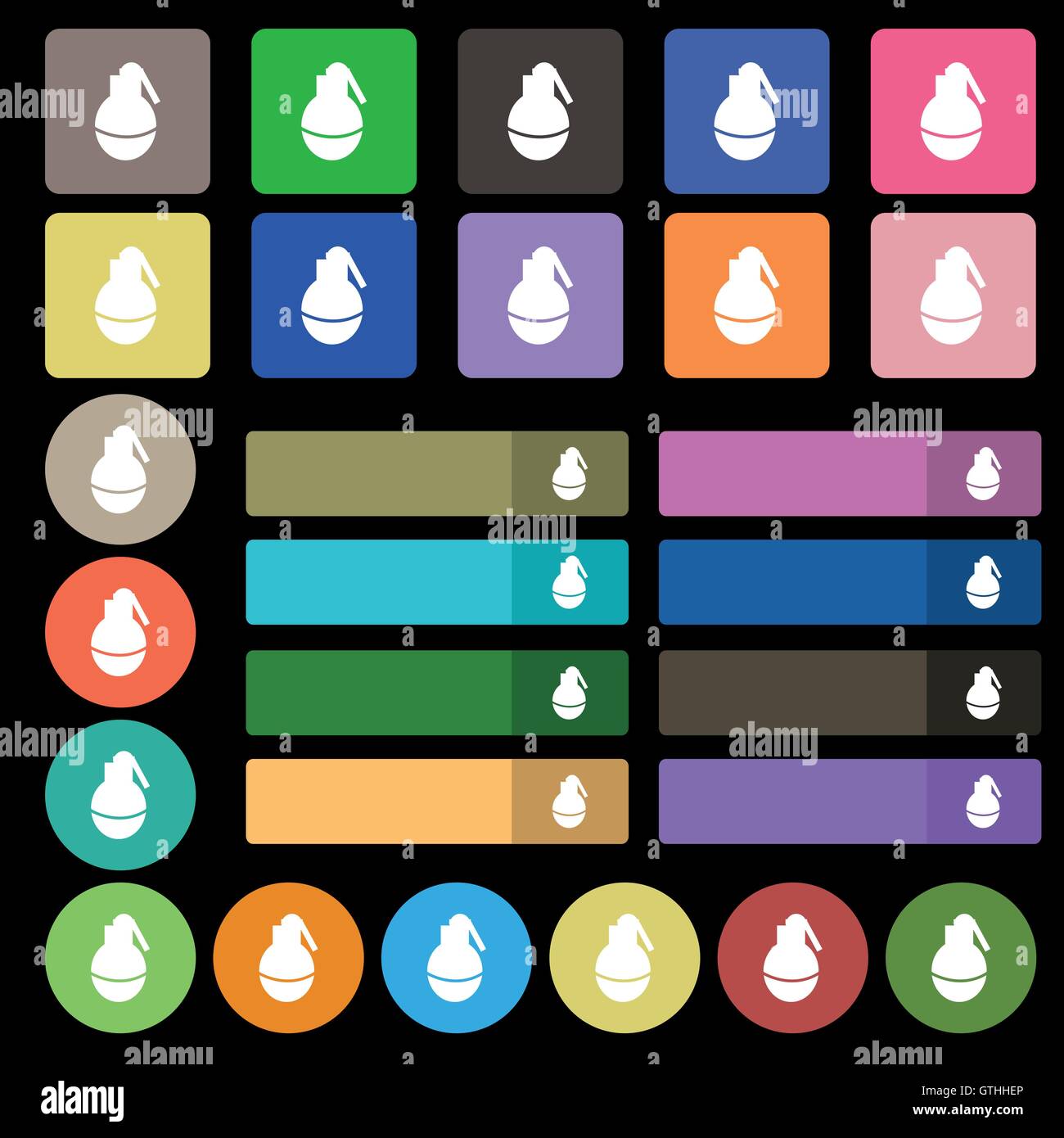 Hand Grenade icona segno. Set da venti sette multicolore pulsanti piana. Vettore Illustrazione Vettoriale