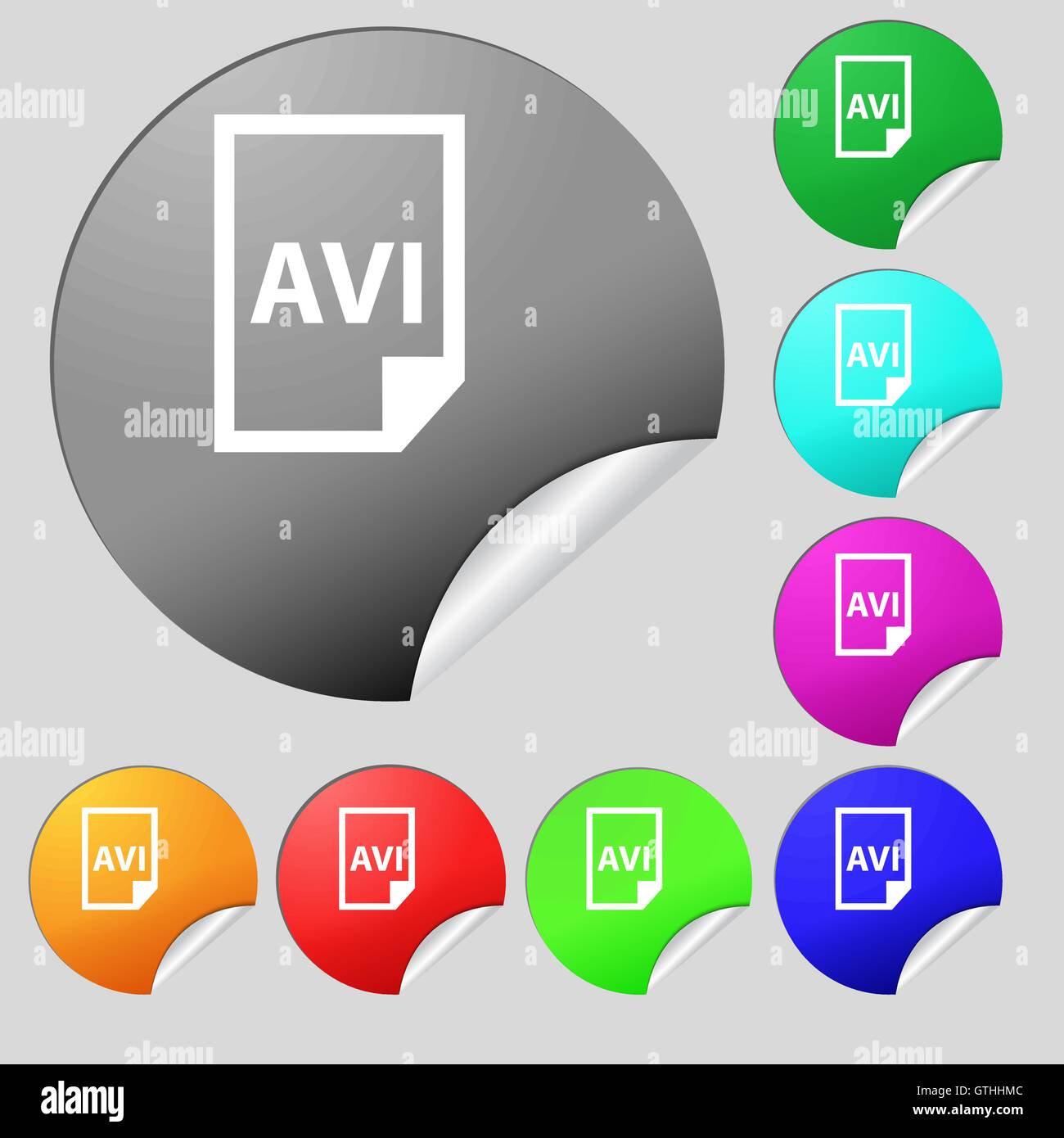 Icona AVI segno. Set di otto multi colore pulsanti rotondi, adesivi. Vettore Illustrazione Vettoriale