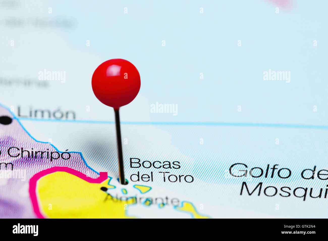 Bocas del Toro imperniata su una mappa di Panama Foto Stock