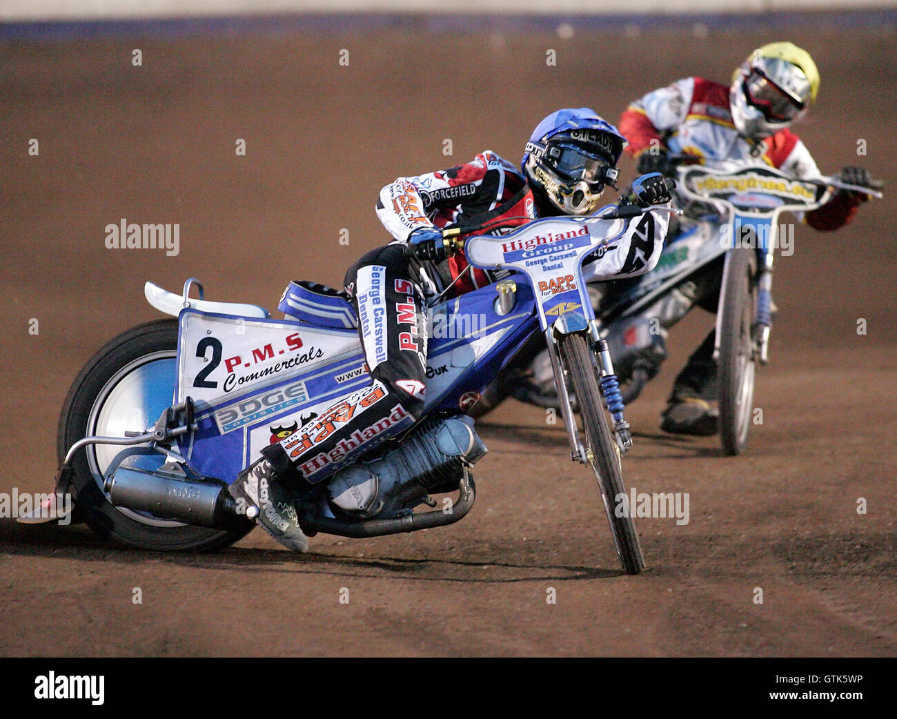 Riscaldare 6 - Stead (blu), Moore (giallo) - Lakeside Martelli vs Swindon Robins - Sky Sport Elite League a Arena Essex, Hereford - 17/08/07 Foto Stock