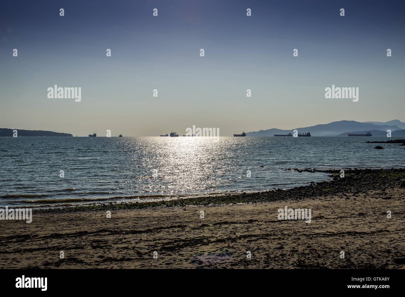 Le petroliere che lo spostamento al Porto di Vancouver al crepuscolo, British Columbia, Canada Foto Stock