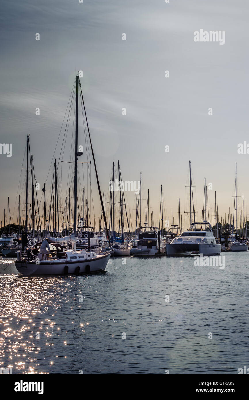 Affollata a montanti e barche a vela nel punto Roberts marina al crepuscolo con Foto Stock