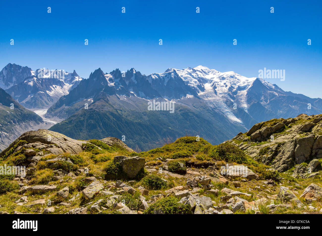 Mont Blanc, i più alti in Europa e i suoi numerosi ghiacciai che sovrasta le Aiguilles di Chamonix Foto Stock