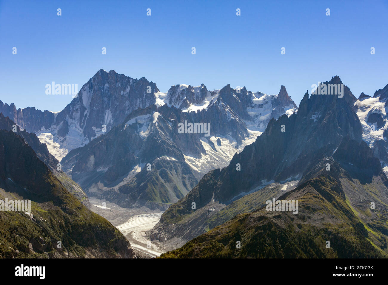 Grand Jorasses e Mer de Glace visto da di Lac Blanc, Chamonix Foto Stock