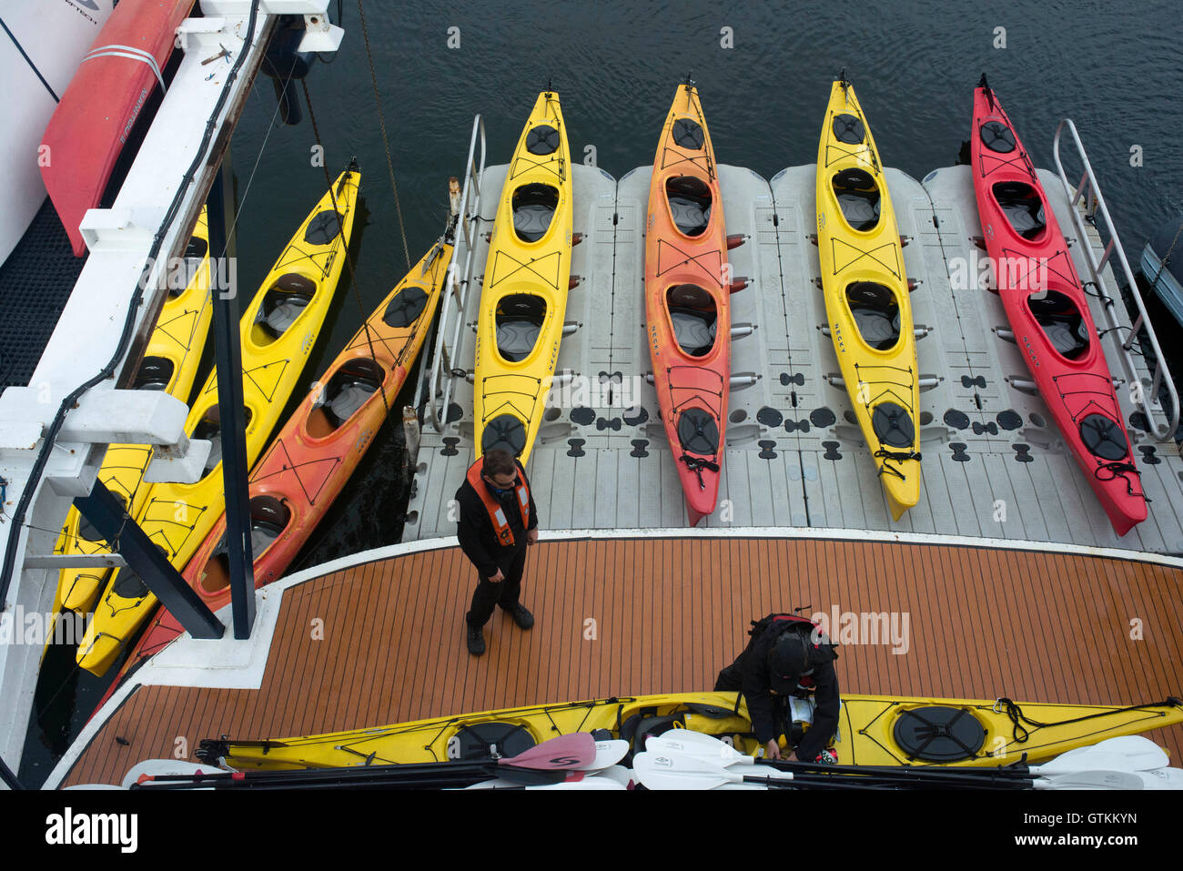 Kayak da mare accanto alla nave da crociera Safari Adoperano vicino a Reid ghiacciaio nel Parco Nazionale di Glacier Bay, Alaska, Stati Uniti d'America. Tutti i nostri viaggi a noi Foto Stock