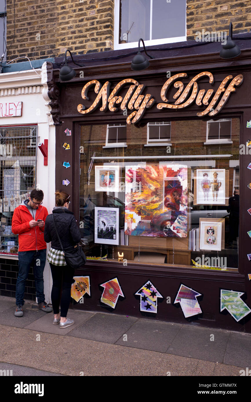 Esterno di Nelly Duff shop, Columbia Road, Bethnal Green, Londra, Regno Unito Foto Stock