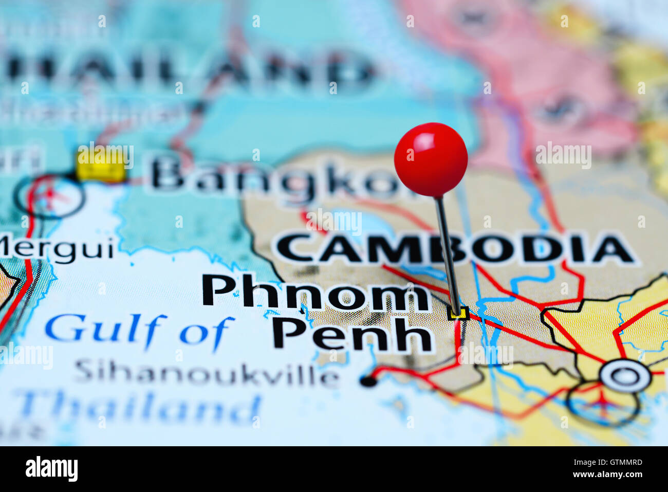 Phom Penh imperniata su una mappa di Cambogia Foto Stock