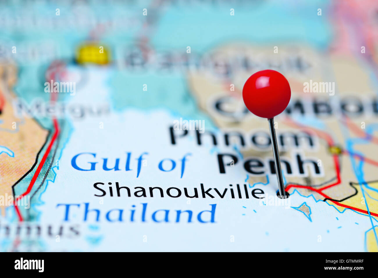 Sihanoukville imperniata su una mappa di Cambogia Foto Stock