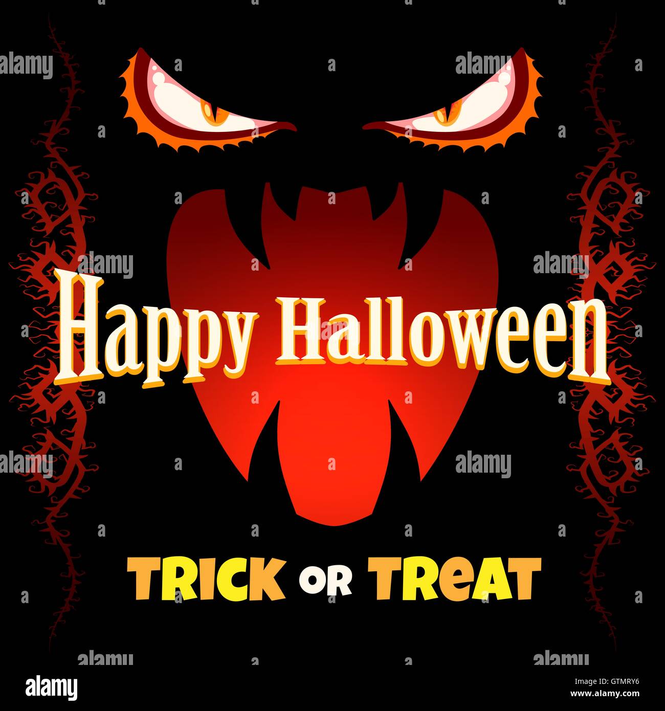 Happy Halloween poster o un invito del Card. Gli occhi di mostro spaventoso e bocca aperta con caratteri Dolcetto o scherzetto. Illustrazione Vettoriale. Illustrazione Vettoriale