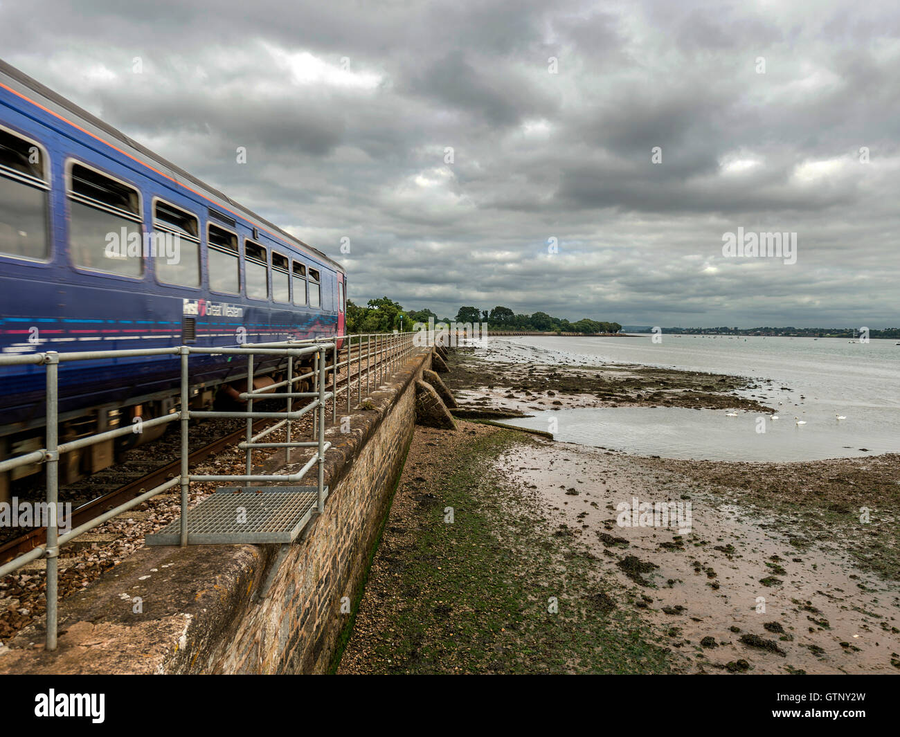 Raffigurante paesaggio pittoresco prima di Great Western Riviera linea ferroviaria lungo il fiume Exe al Powderham, con passaggio di treno. Foto Stock