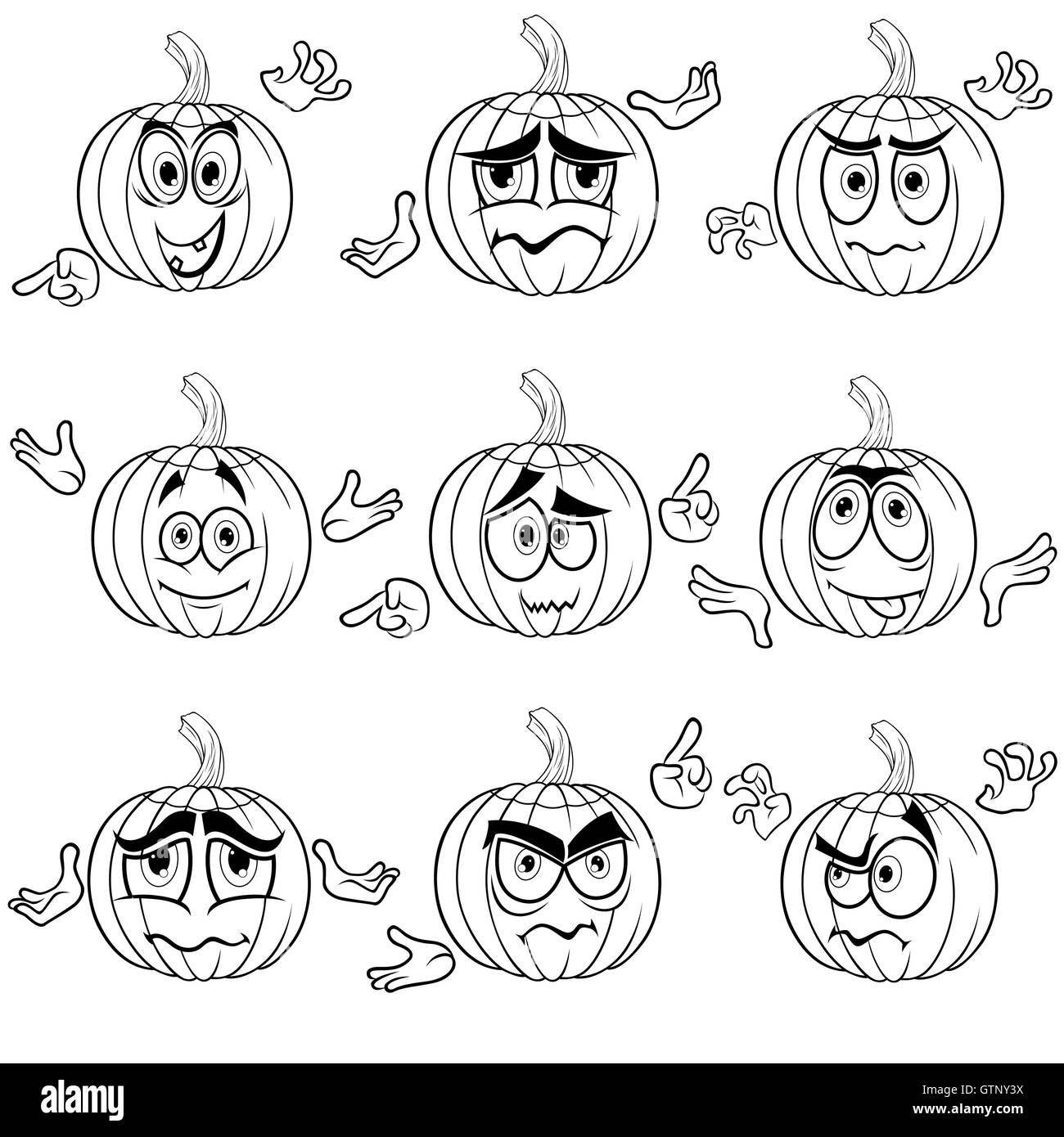 Set di nove divertenti zucche di Halloween che gesticulate con mani isolato su uno sfondo bianco, cartoon i contorni del vettore Illustrazione Vettoriale