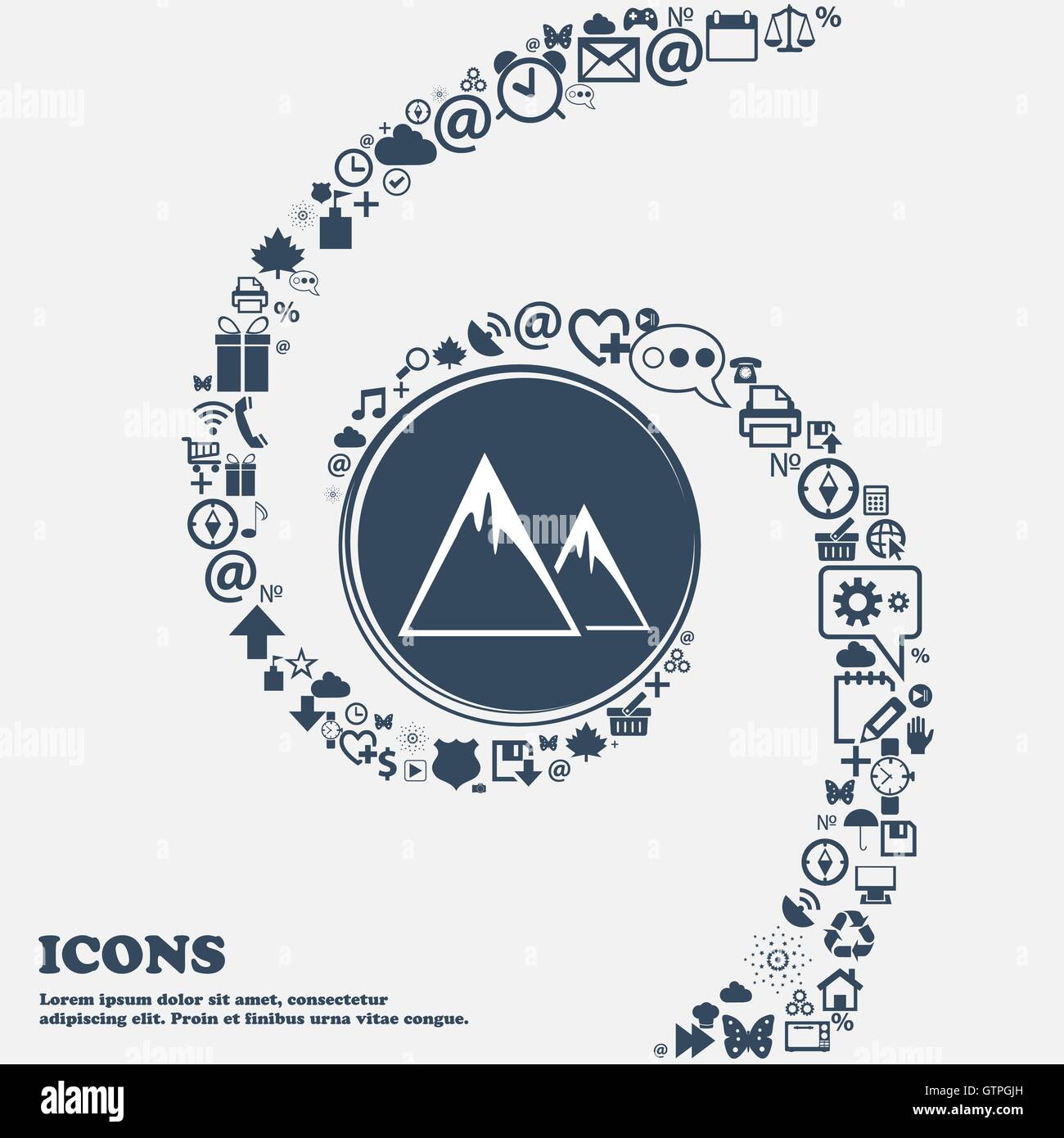 Icona di montagna nel centro. Intorno tanti bei simboli intrecciati in una spirale. È possibile utilizzare ciascuna separatamente per il design. Illustrazione Vettoriale