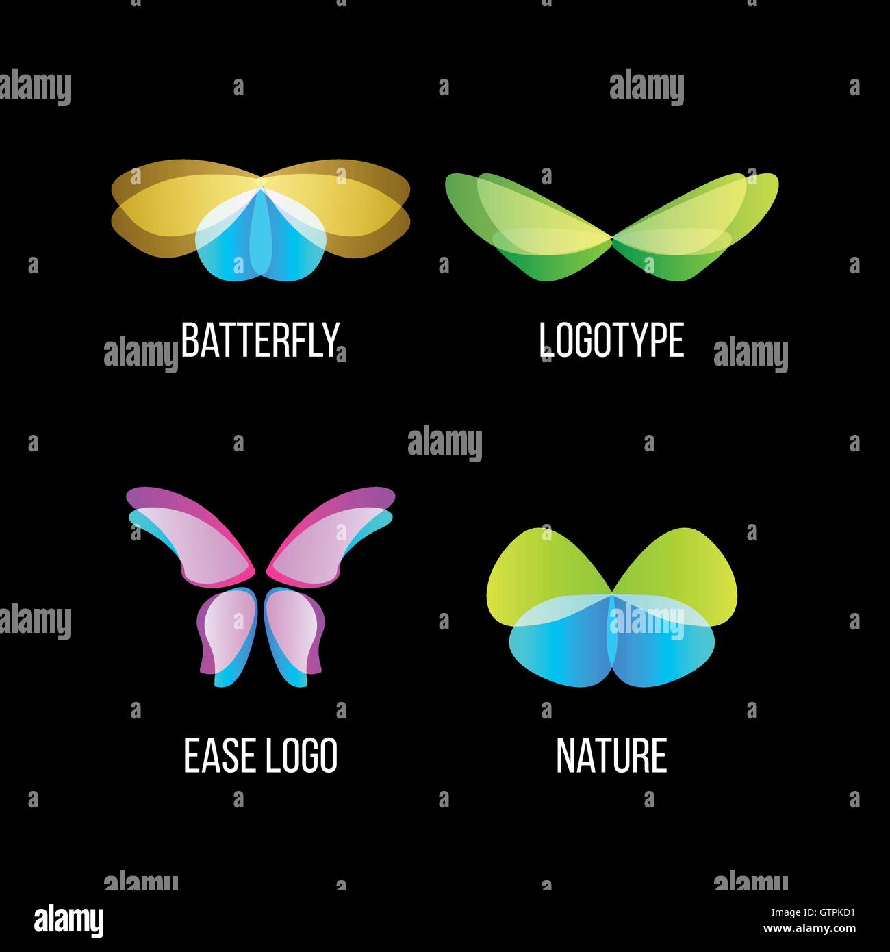 Isolato coloratissime farfalle logo vettoriale set. Gli insetti volanti logotipi collezione. Natura selvaggia le icone degli elementi. Ali illustrati Illustrazione Vettoriale