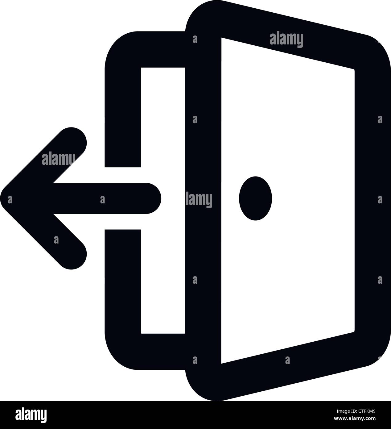 Vettore isolato delineato icona Esci. Sagomato nero porta aperta con una freccia sullo sfondo bianco. Illustrazione Vettoriale