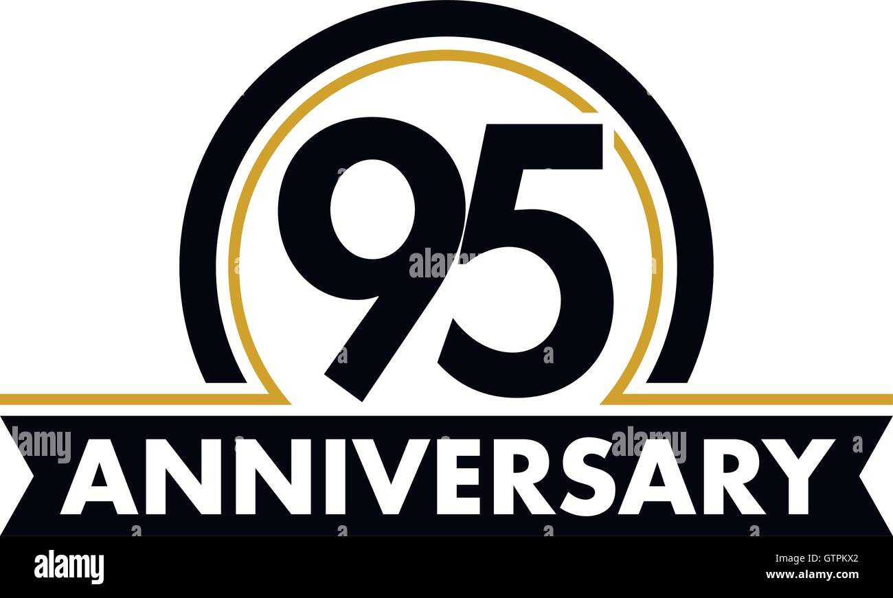 Anniversario vettore etichetta inusuale. Novanta-quinto anniversario simbolo. 95 anni compleanno logo astratto. L'arco in un cerchio. 95JU Illustrazione Vettoriale