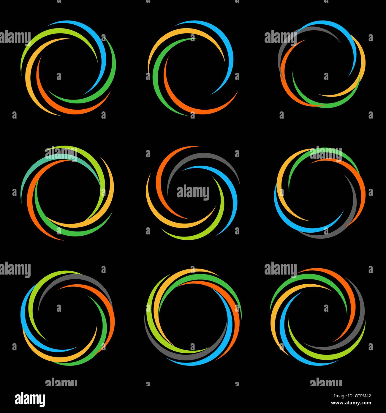 Vettore di astratta spirale tornado set di loghi. Progettato raccolta di foto di segni. Grafici coloratissimi fiori. Sole estivo le immagini. Sl Illustrazione Vettoriale