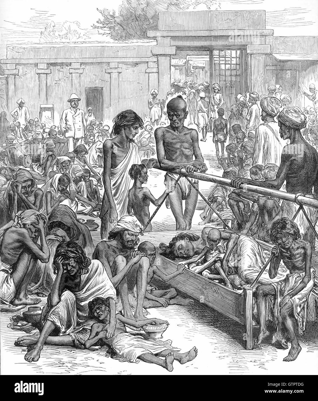 MADRAS CARESTIA 1877 Incisione dall'Illustrated London News 20 ottobre 1877 che mostra le persone in attesa di soccorsi a Bangalore Foto Stock