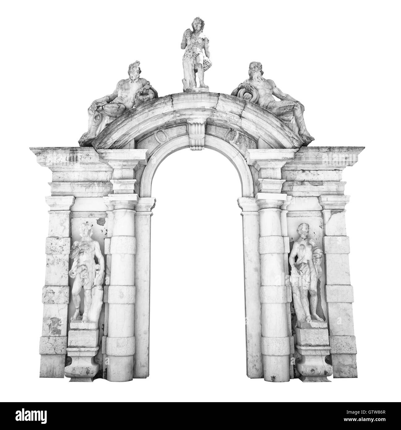 Bianco vecchia entrata in pietra con statue adatto come una cornice o telaio. Foto Stock