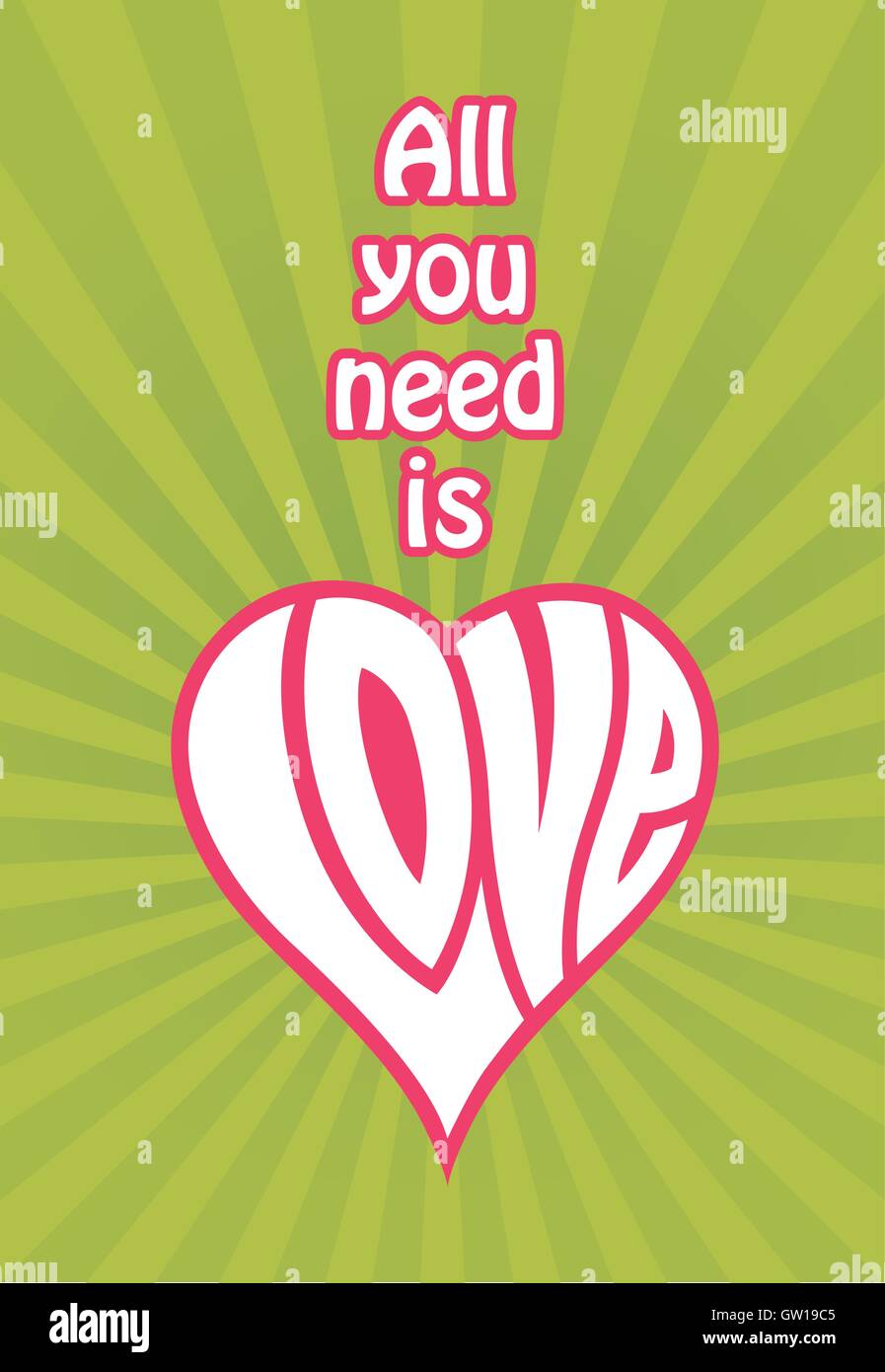 Tutto ciò di cui hai bisogno è amore disegno vettoriale. Forma di cuore realizzato con lettere personalizzate l'ortografia della parola amore. Retrò di groovy radiale dello sfondo. Il giorno di San Valentino. Illustrazione Vettoriale