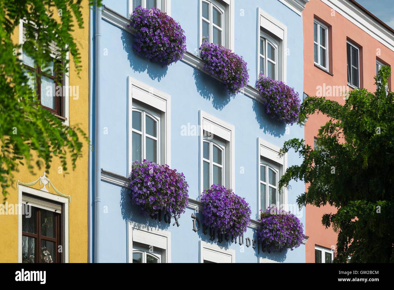 Nelle petunie e dei gerani alle finestre delle facciate colorate nella città vecchia di Wasserburg am Inn, Baviera, risplendono al sole Foto Stock