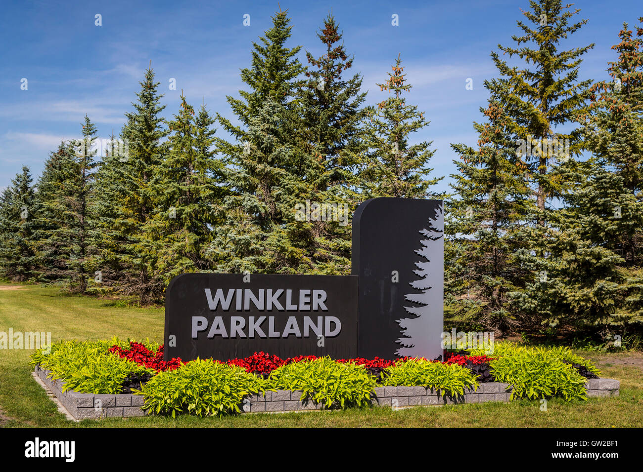Il Winkler Parklands firmare all'entrata del parco di Winkler, Manitoba, Canada. Foto Stock