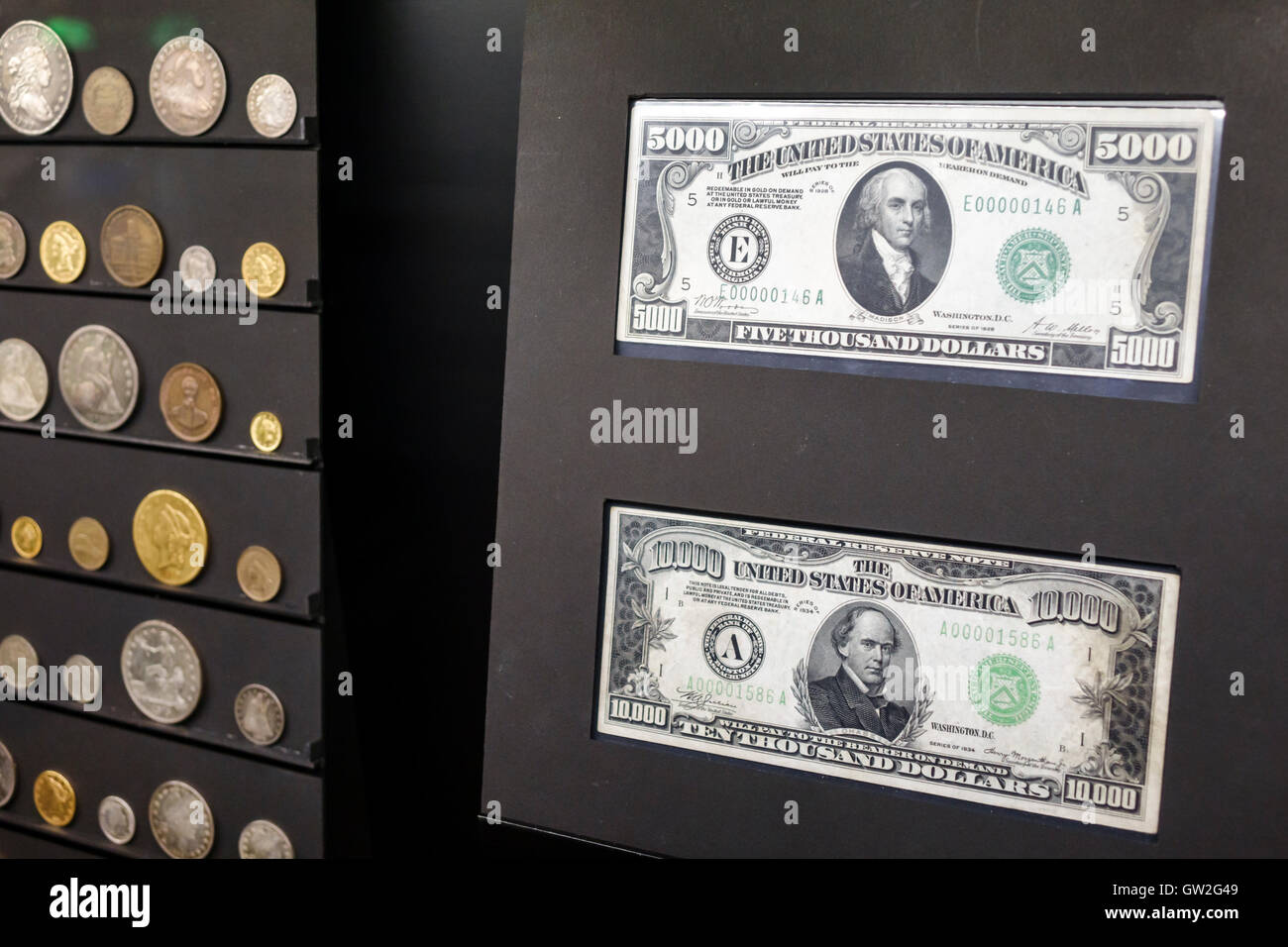 New York City,NY NYC,Lower Manhattan,Financial District,Wall Street,Museum of American Finance,American Financial History,America in Circulation,curre Foto Stock