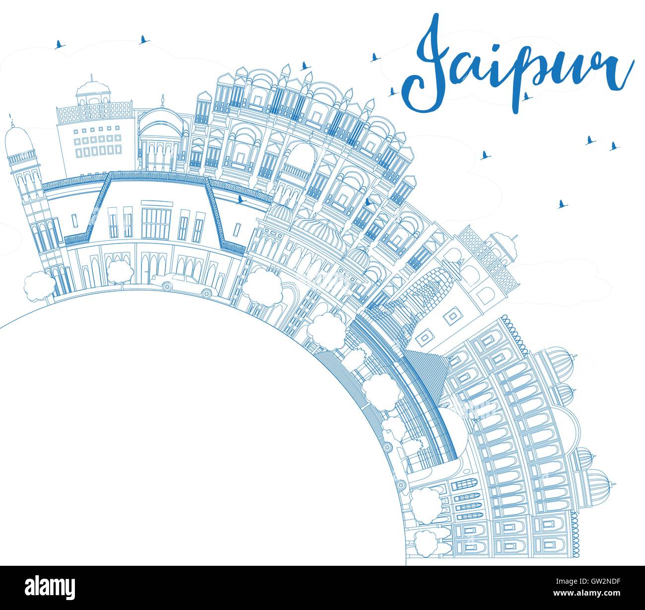 Delineare Jaipur Skyline blu con punti di riferimento e copia dello spazio. Illustrazione Vettoriale. Viaggi di affari e turismo Concept Illustrazione Vettoriale