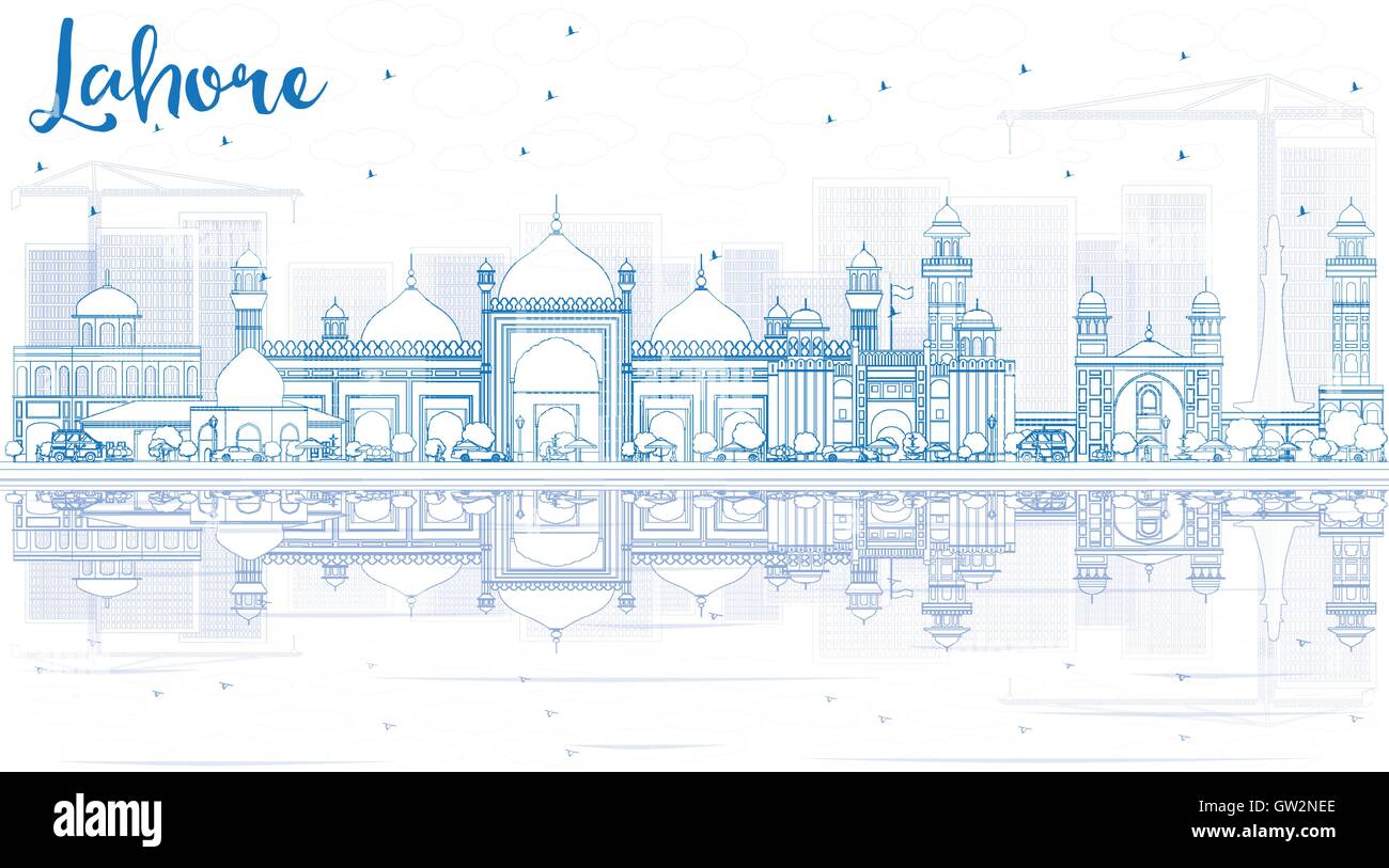 Profilo dello Skyline di Lahore blu con punti di riferimento e riflessioni. Illustrazione Vettoriale. Viaggi di affari e turismo Concept Illustrazione Vettoriale