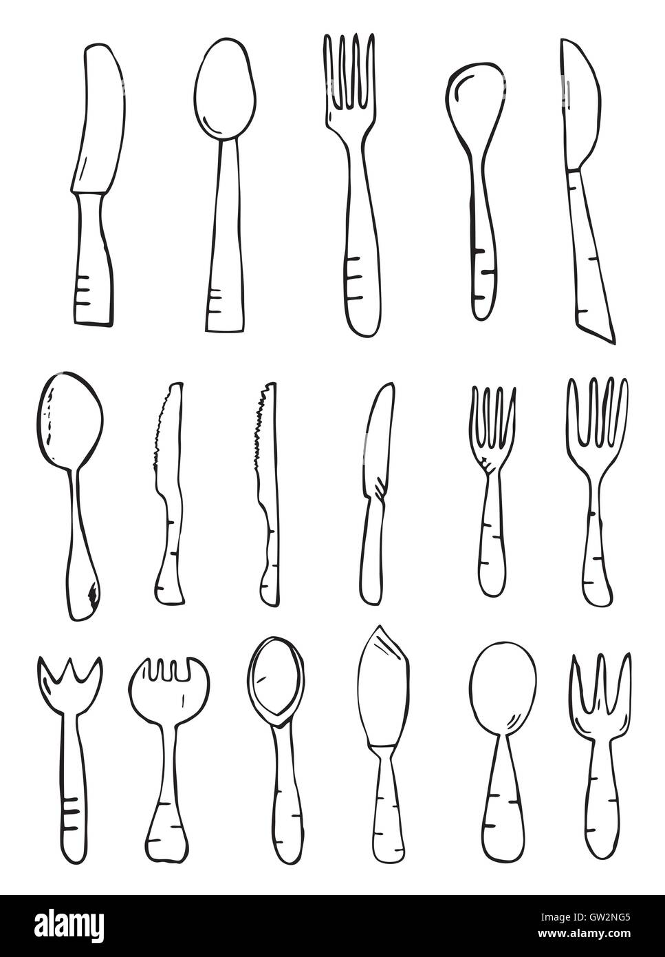 Cucchiaio coltello forcella. Disegnata a mano oggetti isolati. Schizzo. Illustrazione Vettoriale. Illustrazione Vettoriale