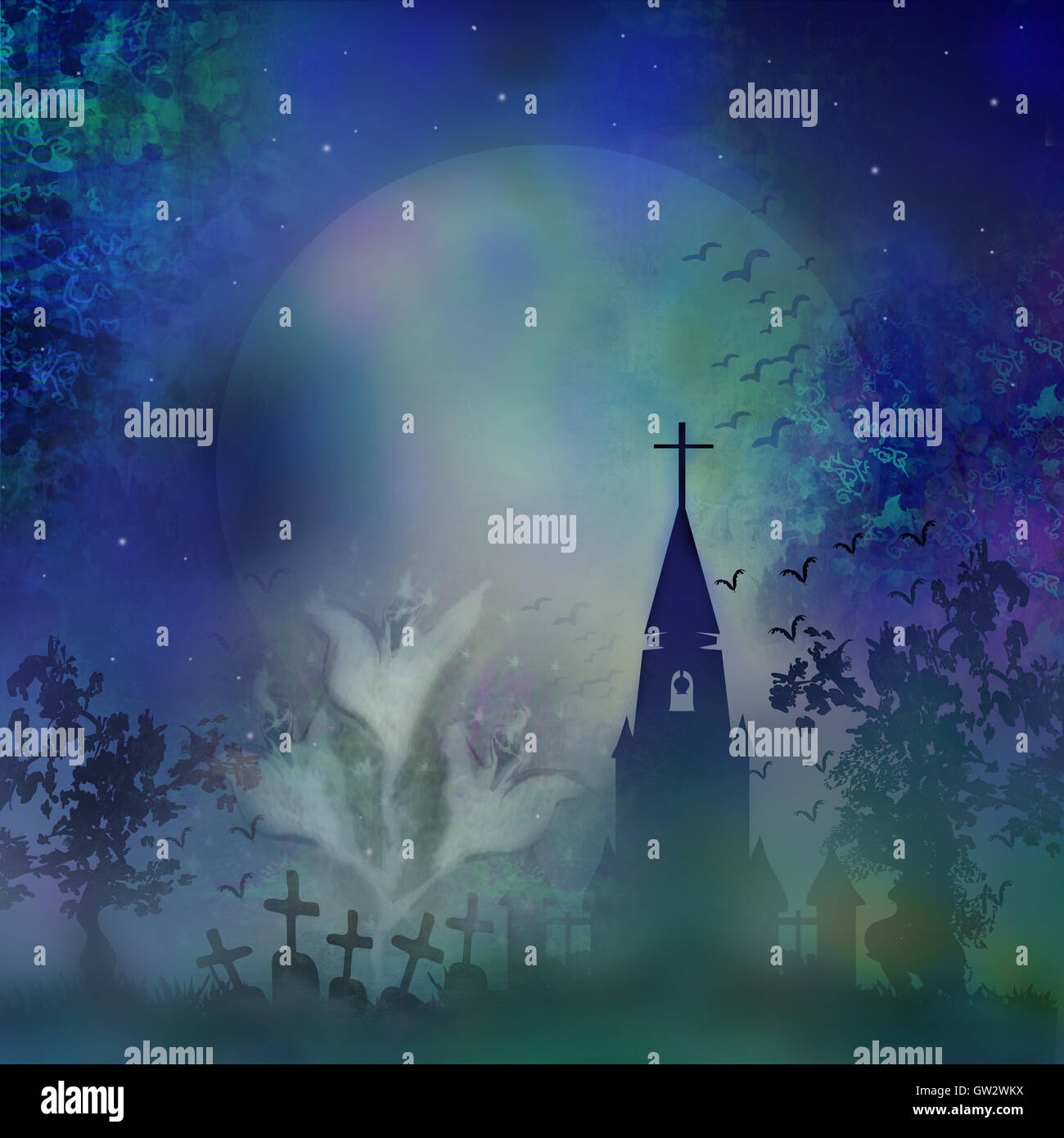 Sfondo di Halloween con una chiesa e cimitero Foto Stock