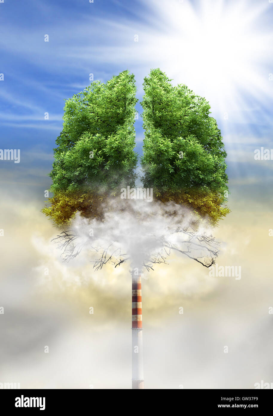Albero in una forma di polmoni con camino al posto di trunk, eco concetto, inquinamento Foto Stock