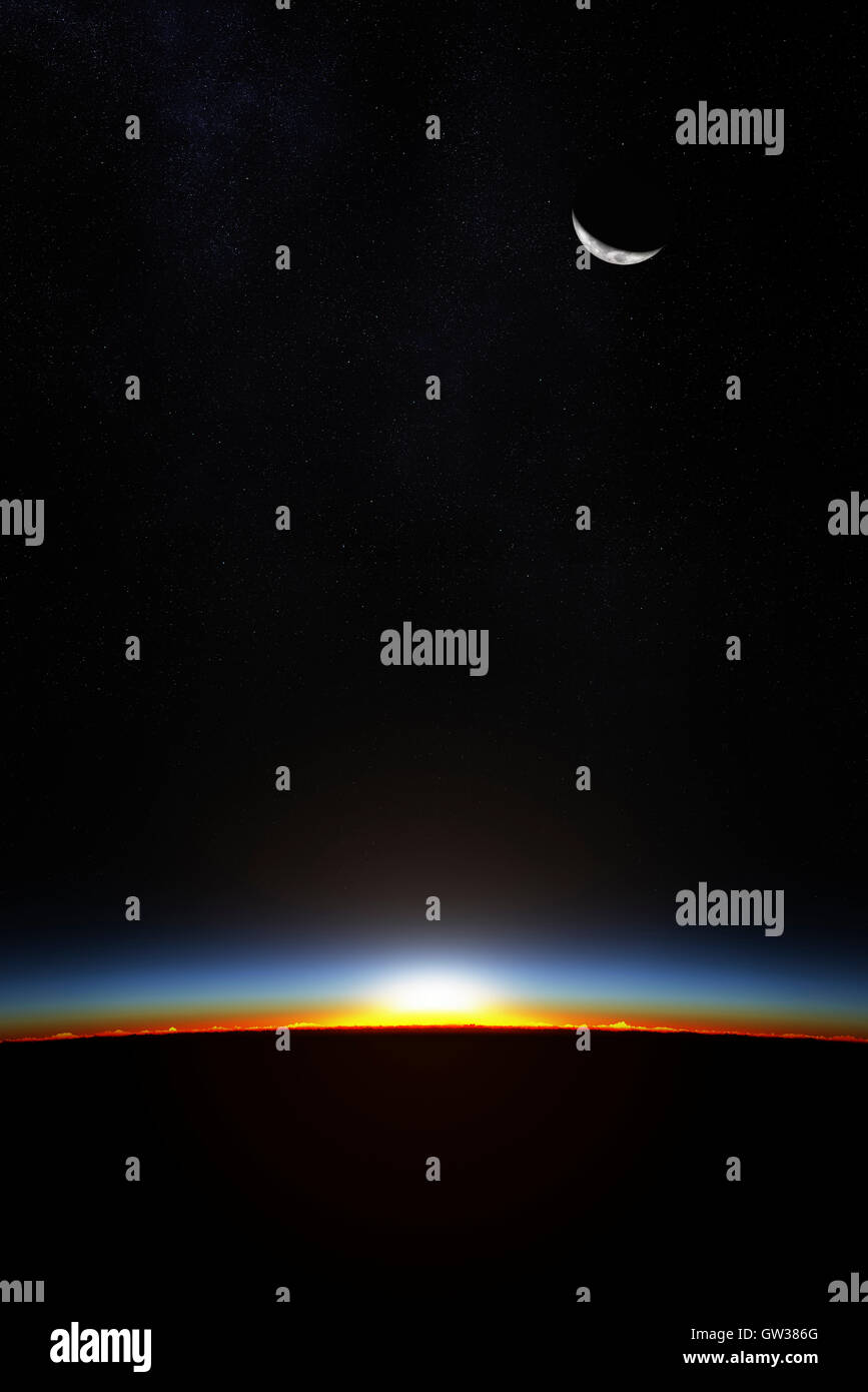 Il pianeta terra dallo spazio come il sole comincia a rompersi attraverso l'atmosfera (3D Rendering) Foto Stock