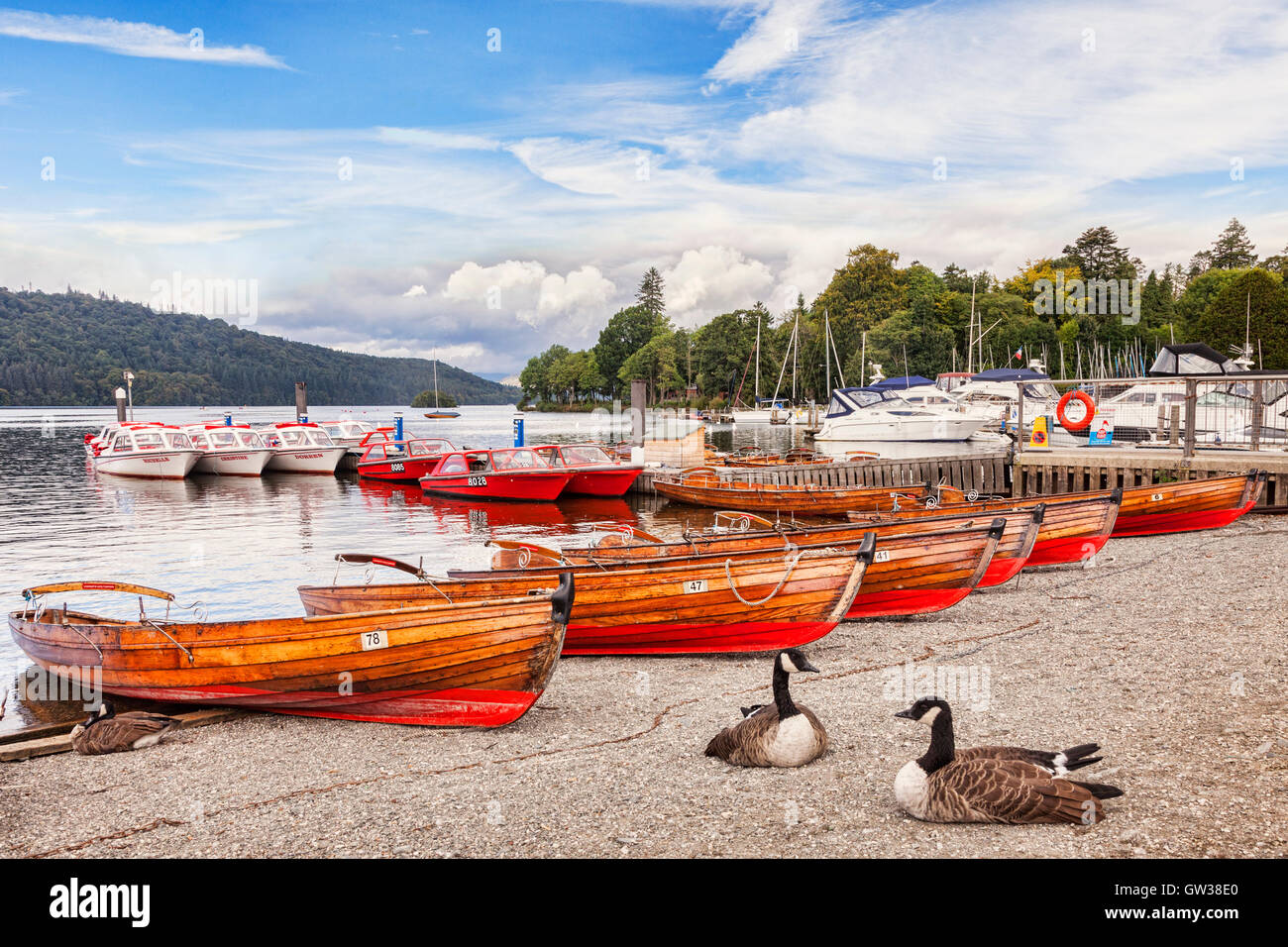 Barche a noleggio sulla riva del lago di Windermere, Parco Nazionale del Distretto dei Laghi, Cumbria, England, Regno Unito Foto Stock