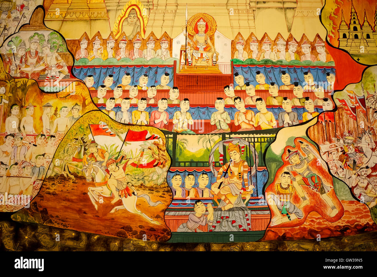 Stile tradizionale Thai pittura sul tempio della parete (Ramayana storia) Foto Stock