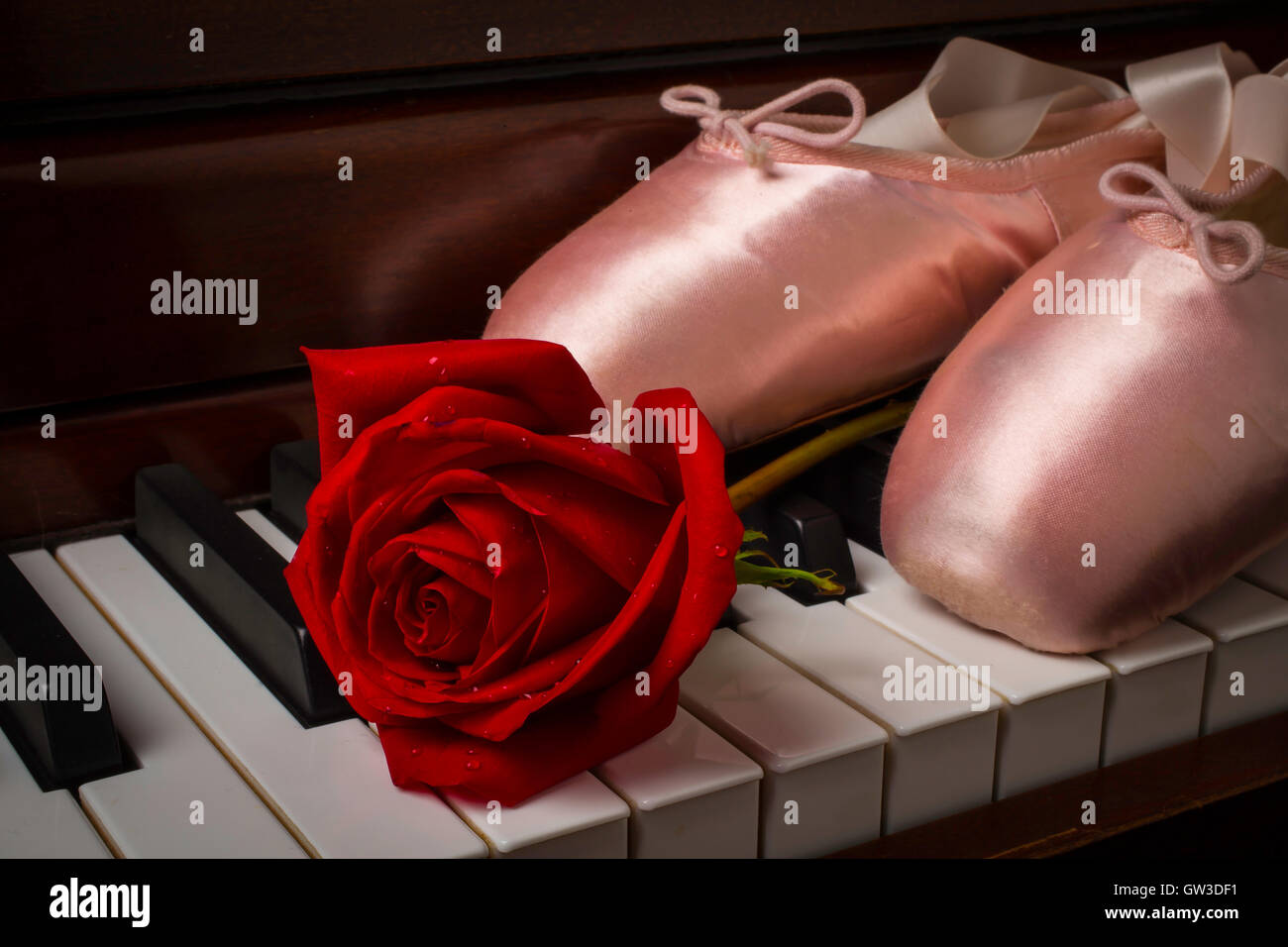 Rosa e scarpe da ballo sul pianoforte Foto Stock