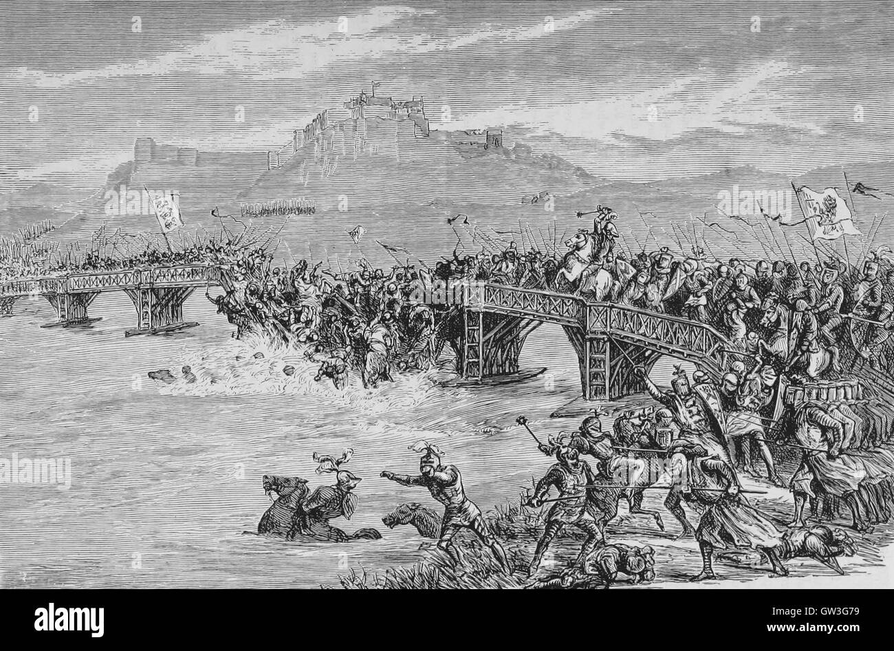 La Battaglia del Ponte di Stirling La Battaglia del Ponte di Stirling è stata una battaglia della Prima Guerra di Indipendenza scozzese. Il 11 settembre 1297, le forze di Andrew Moray e William Wallace ha sconfitto il combinato le forze inglesi di Giovanni de Warenne, 6° Conte di Surrey e Hugh de Cressingham vicino a Stirling, sul fiume Forth. Immagine reperiti da Cassell illustrato della storia universale (1893). Foto Stock