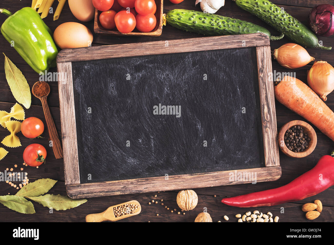 Vecchia blackboard e cottura Ingredienti Foto Stock