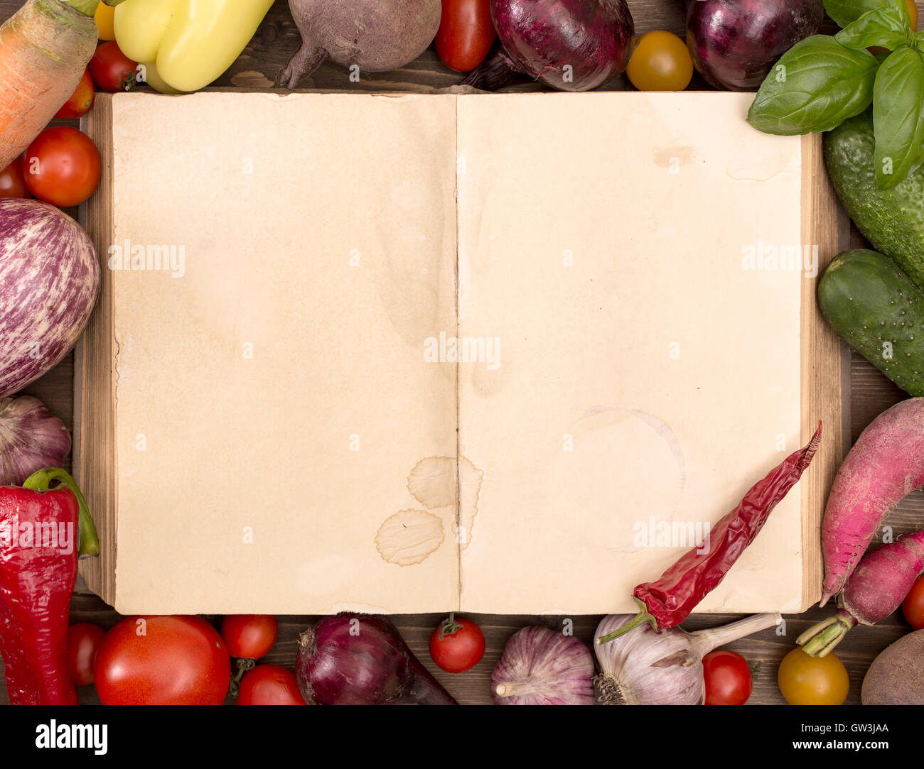 Aprire il vecchio libro e verdure intorno Foto Stock