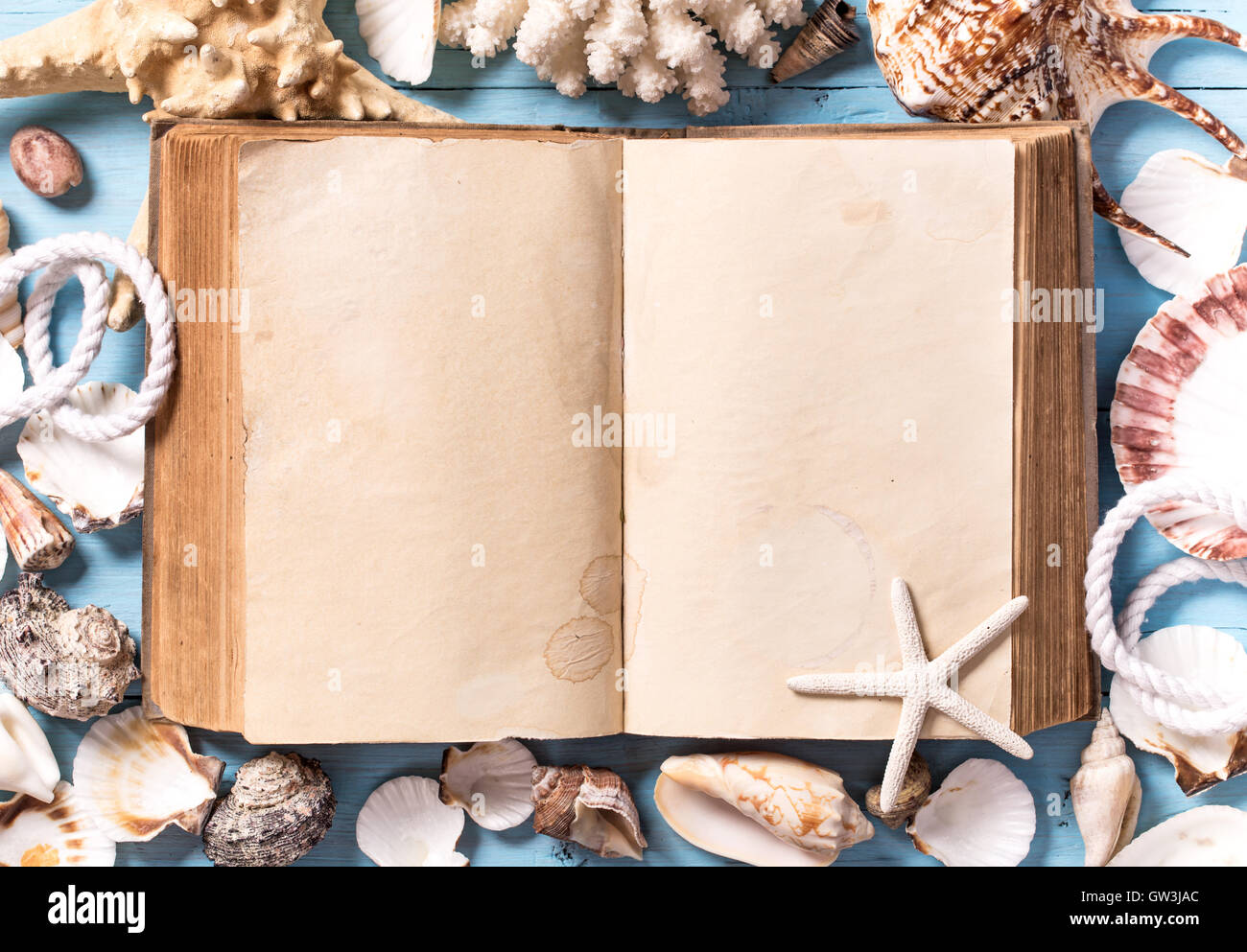 Aprire il vecchio libro con conchiglie intorno Foto Stock