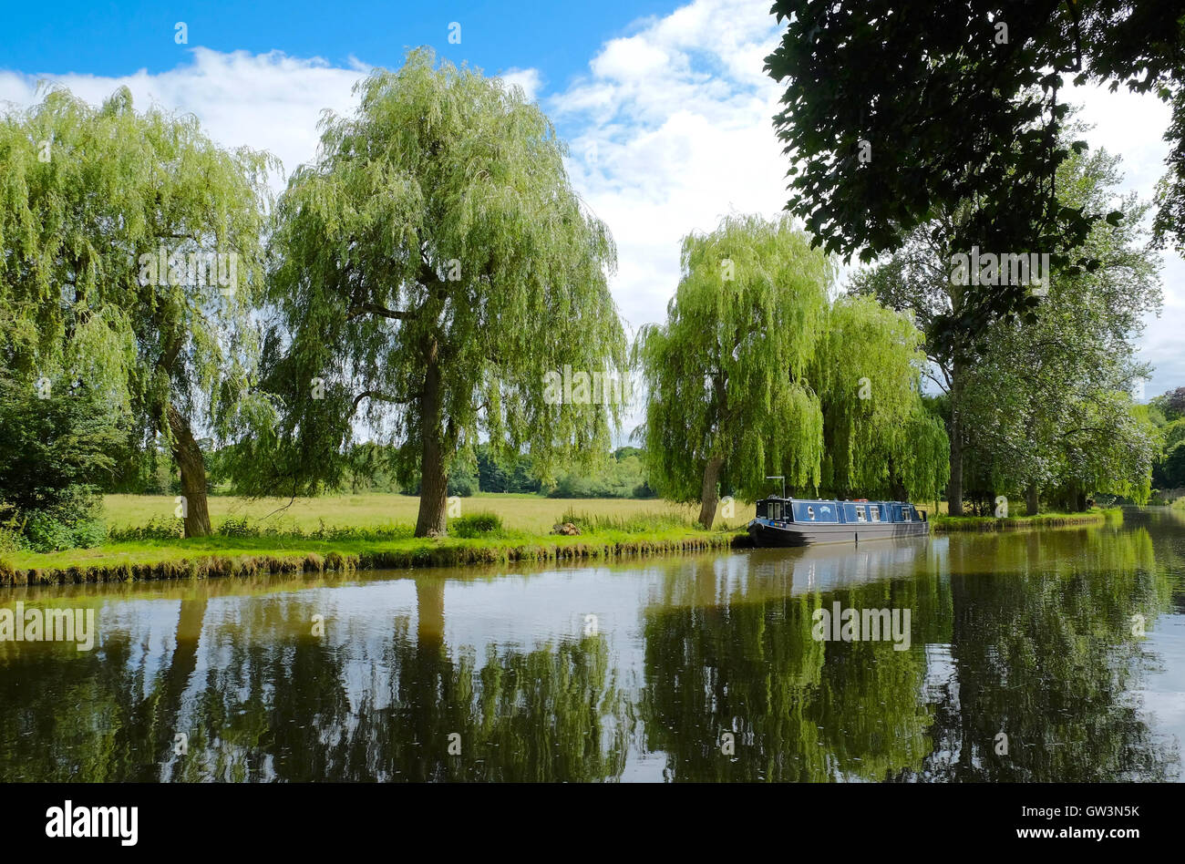 Vista in lontananza di una lunga barca sul fiume Wey vicino a Guildford Foto Stock