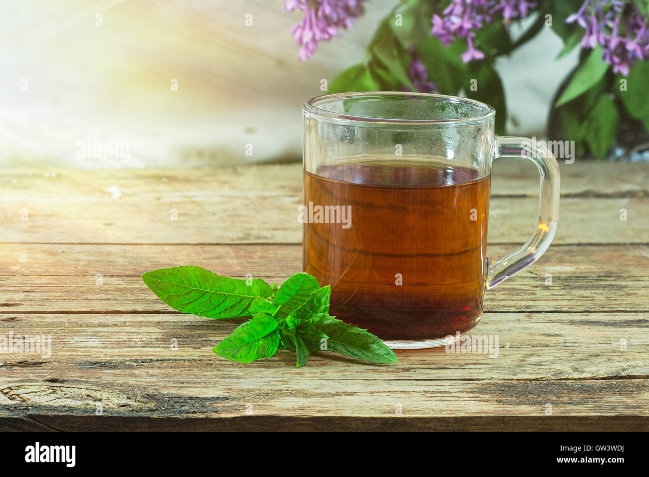 Bollitore per tè e foglie di menta su un sfondo di legno Foto Stock