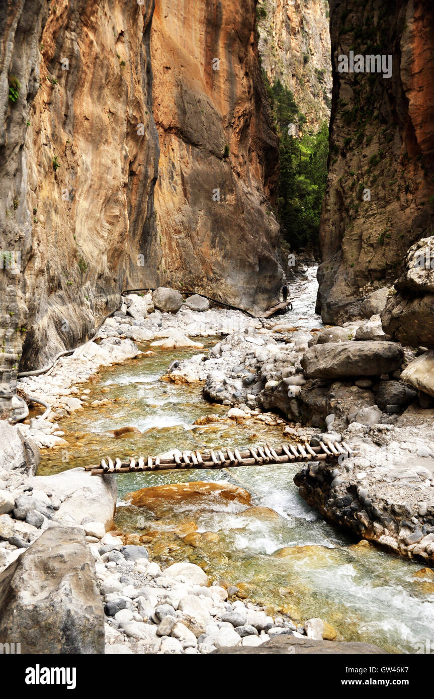 Log passerella sul fiume nella gola di Samaria, Creta, Grecia Foto Stock