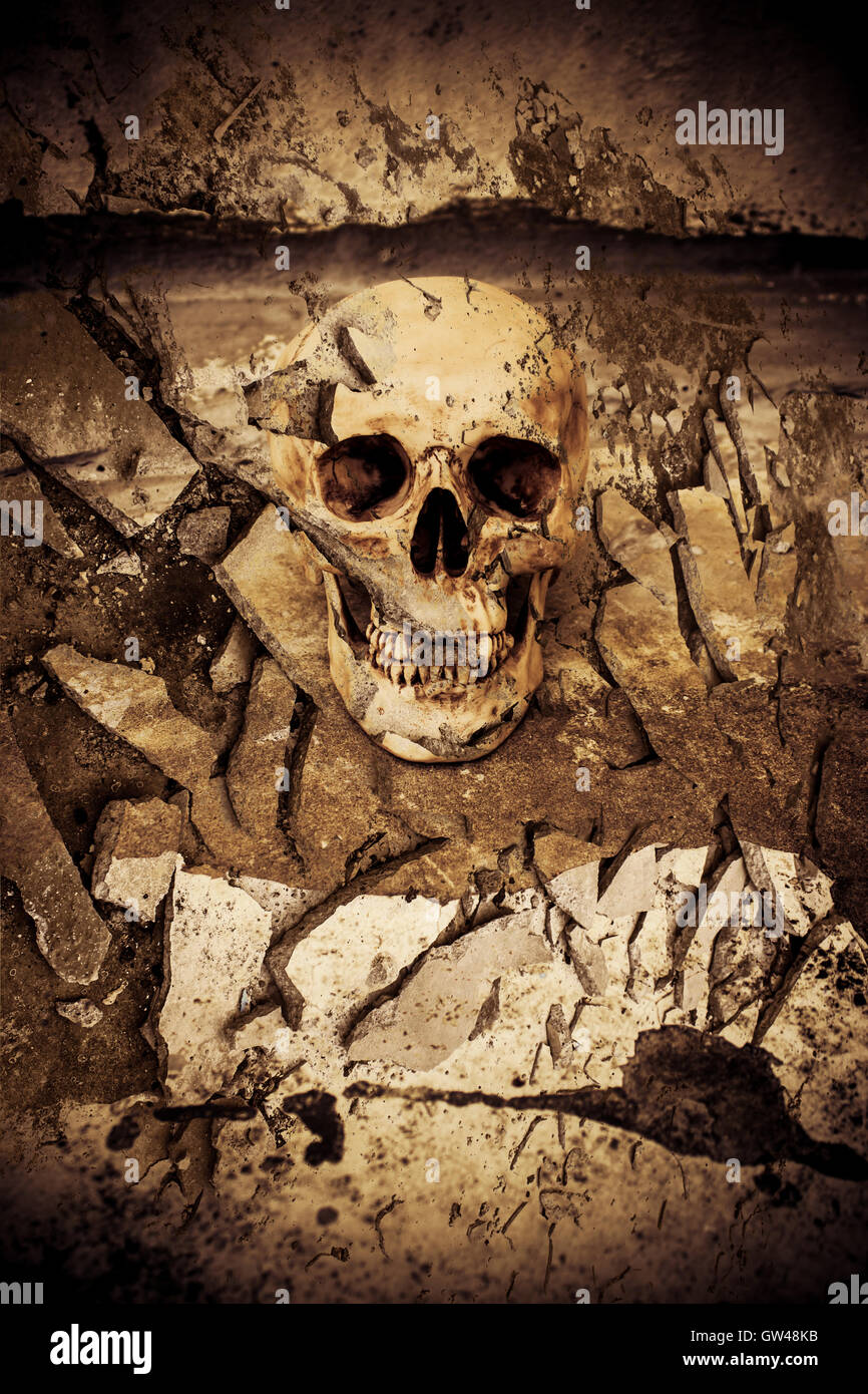 Cranio umano su rovine luogo,sfondo Horror per Halloween Concept e Poster Project Foto Stock