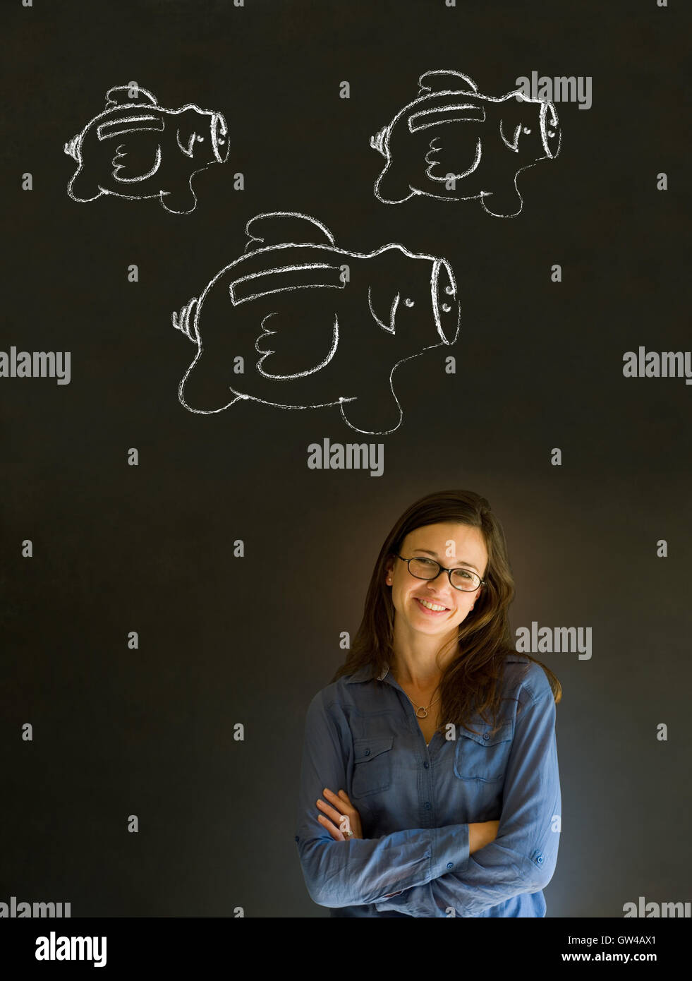 Imprenditrice, studente o insegnante con chalk piggy banche concept Foto Stock